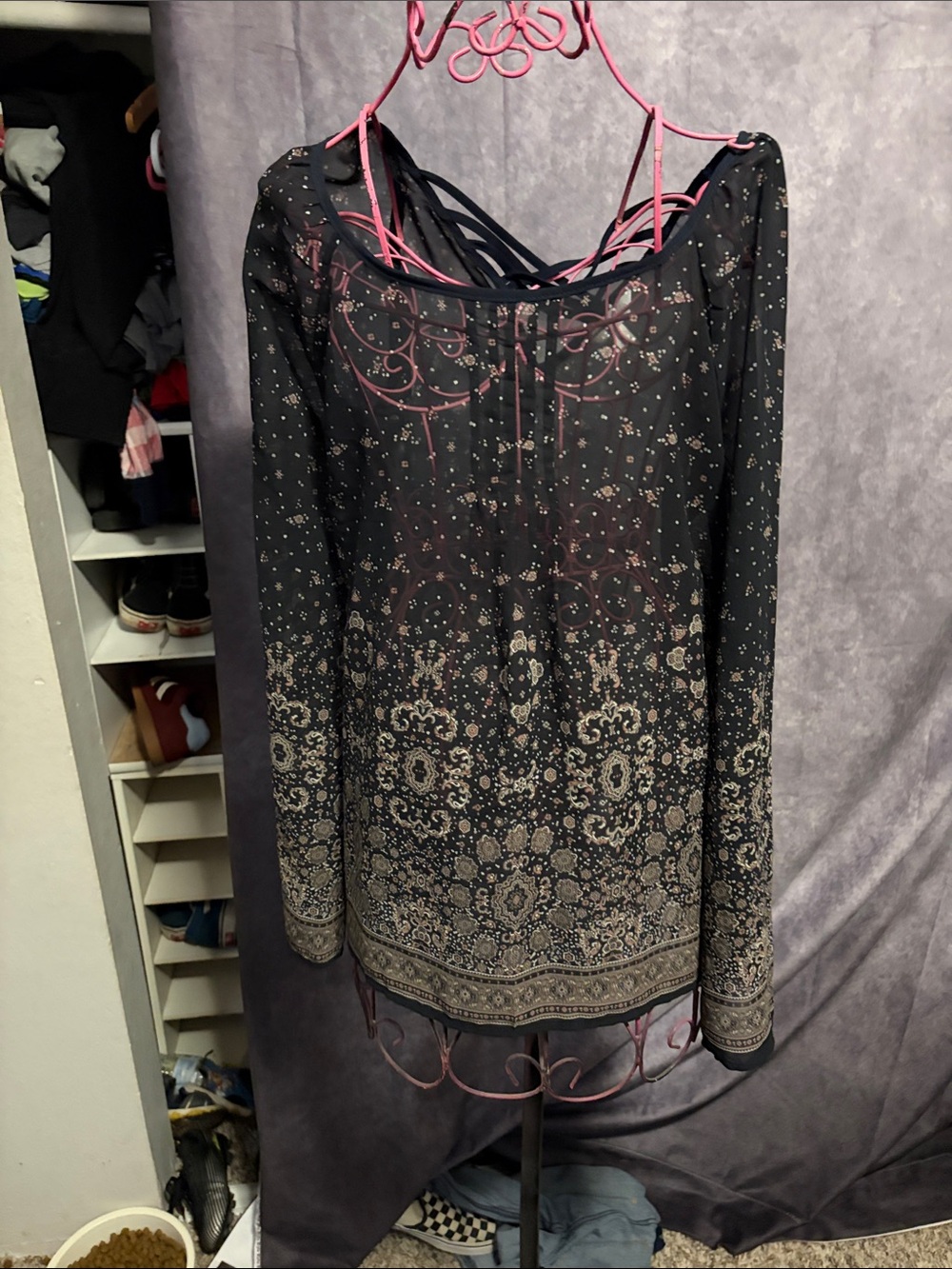 Black Floral-Print Long Sleeve Top with Crisscross Detail - Picture 3 of 3